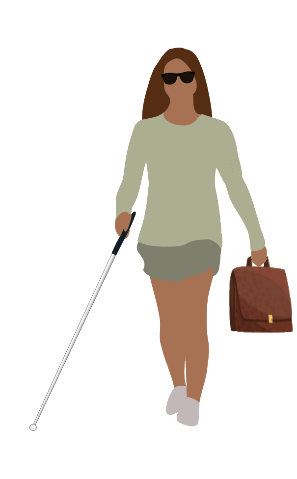 blind woman with a cane and suitcase